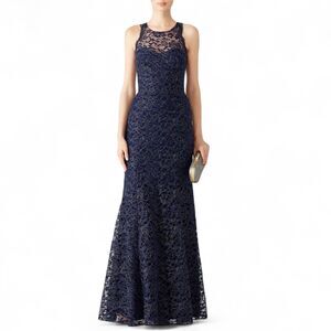 MARCHESA NOTTE Navy Blue Metallic Lace Dress size 0 XS Formal Gown Wedding